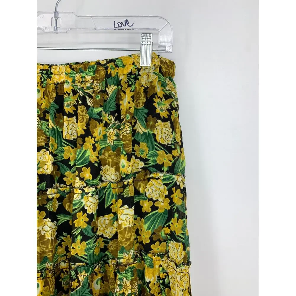 Preswick & Moore Midi Skirt Womens Sz L A-Line Tiered Yellow Floral Print Boho